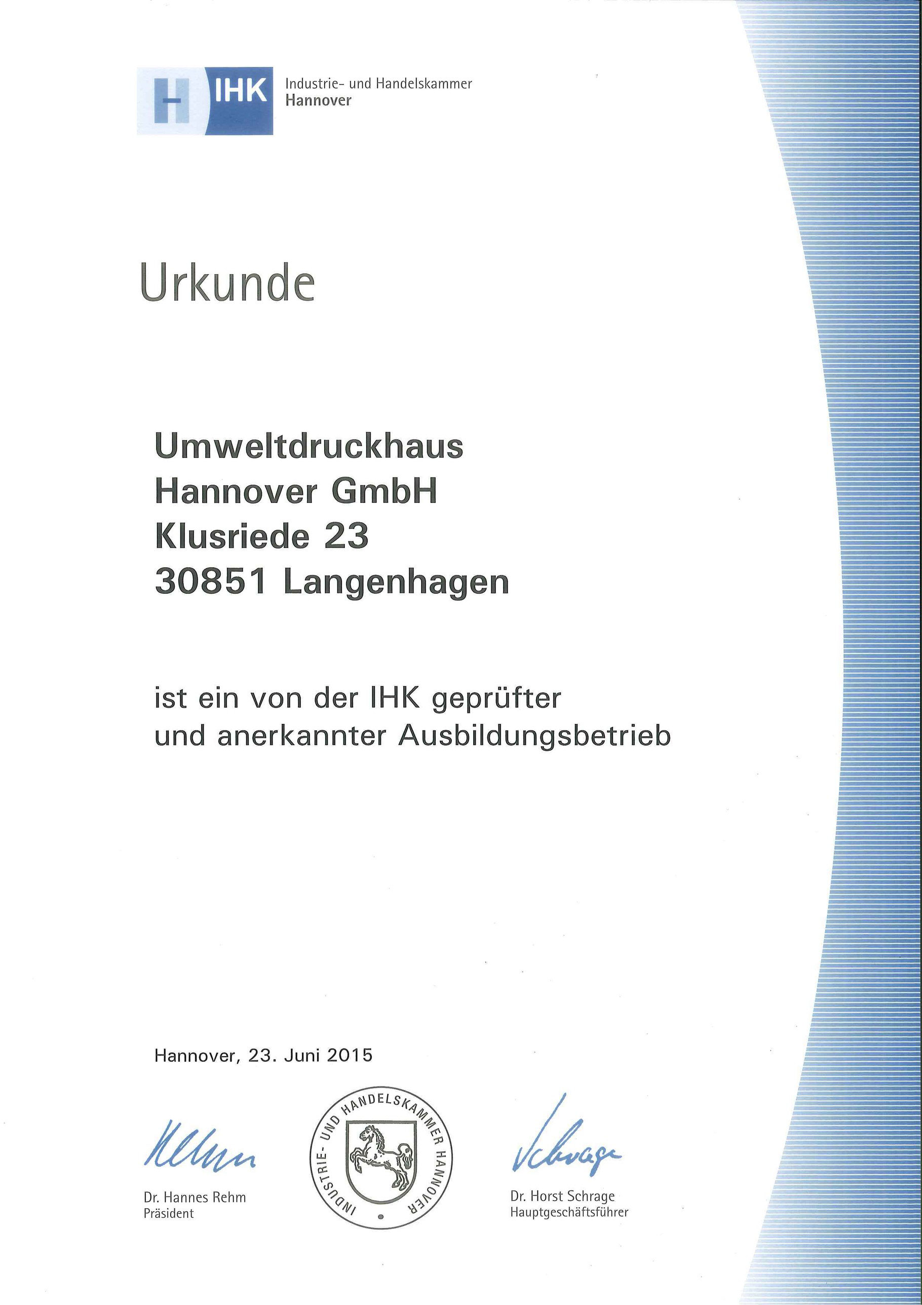 IHK-Urkunde-Ausbildungsbetrieb UmweltDruckhaus Hannover