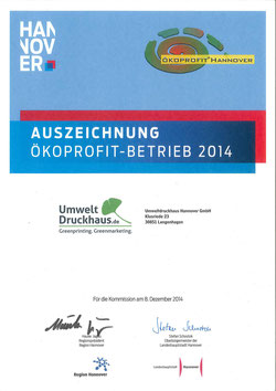 Urkunde Ökoprofit-Betrieb-2014 UmweltDruckhaus Hannover